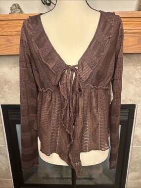 La Peche L Brown Lace Open Knit Tie Front Ruffle Cardigan Top NWT